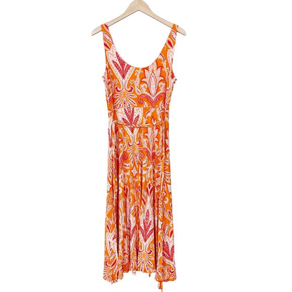 Loft Orange Printed Sleeveless Belted Maxi Dress Sz M - Picture 4 of 7